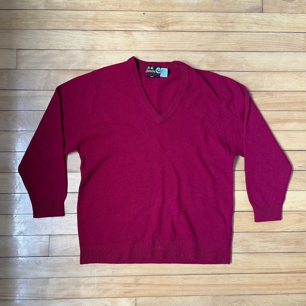 Vintage Panda Janda 100% Lambswool V-Neck Sweater Burgundy Red Knit Mens Small